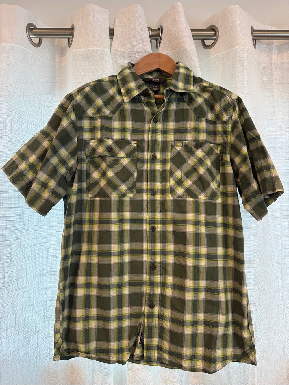Outdoor Research Olive and Yellow Plaid Short-Sleeve Button-Up Shirt